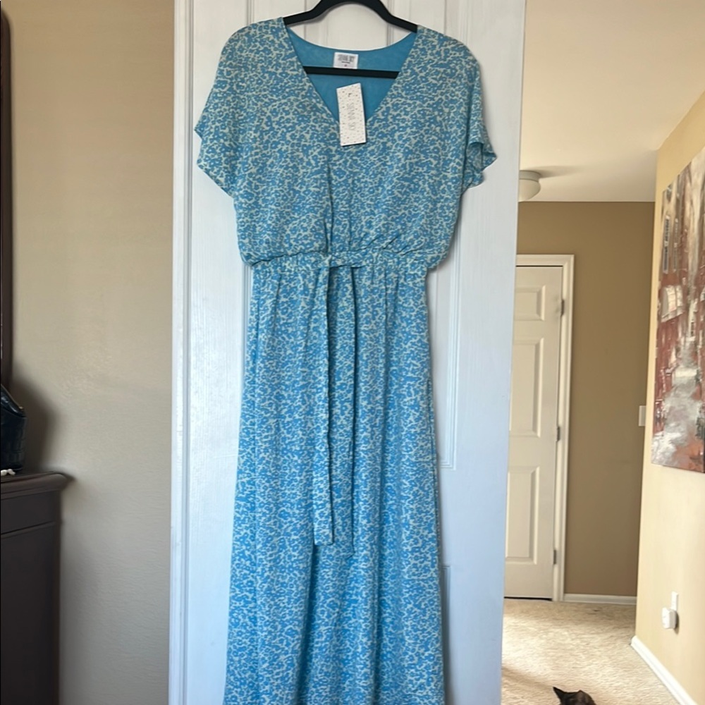 Sienna Sky Blue Pleated Tie Front Midi Dress Sz M